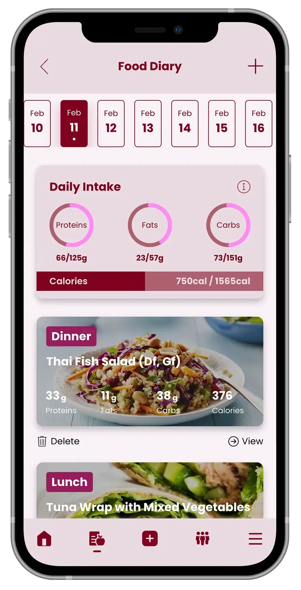 Smartphone app displaying a food diary with daily intake and meal entries for dinner and lunch.
