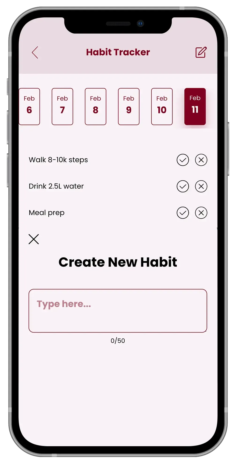 Smartphone screen showing a habit tracker app. It displays habit check-off list and