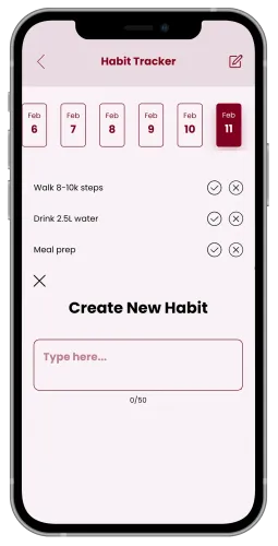 Smartphone screen showing a habit tracker app. It displays habit check-off list and 