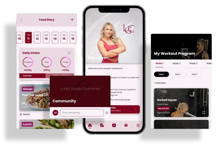 Mobile app displaying fitness tracking, a profile with a woman, and workout resources, all in pink and white.