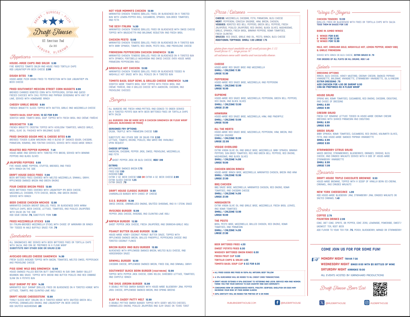 Menu with food options and prices. Includes sections for starters, pasta, burgers, salads, and more.