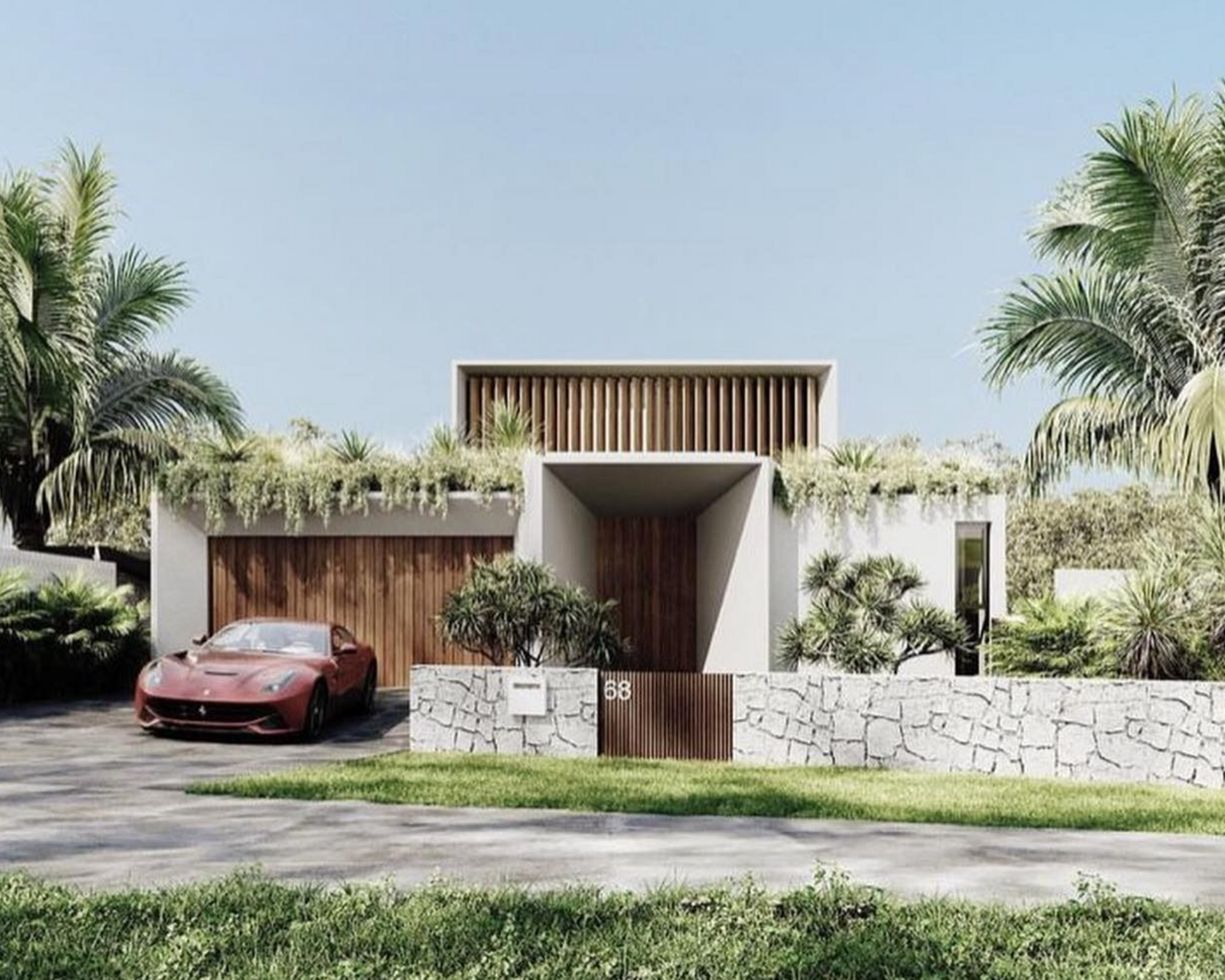 A modern white home with wood slats, a green roof, and stone wall, featuring a red sports car parked in the driveway.