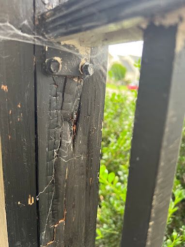A close up of a fence with a spider web on it.