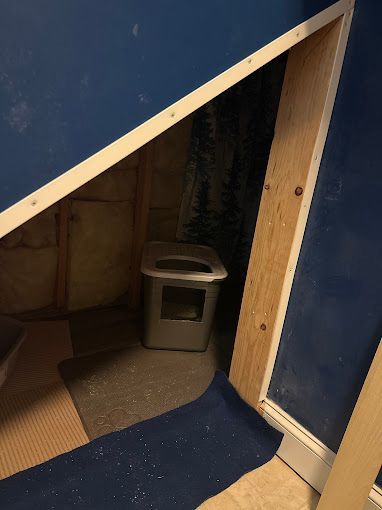 A cat litter box is sitting under a staircase in a room.
