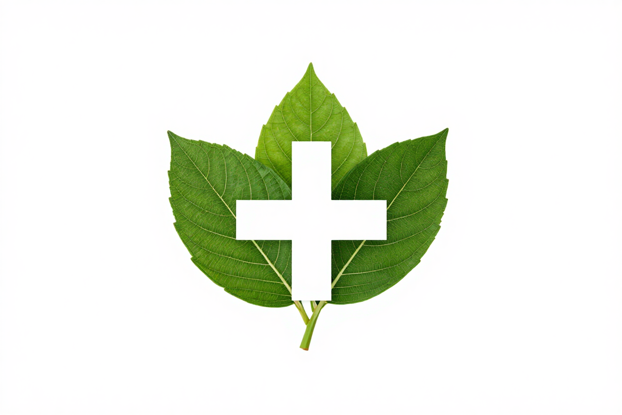 Hojas verdes con una cruz médica blanca sobre un fondo blanco