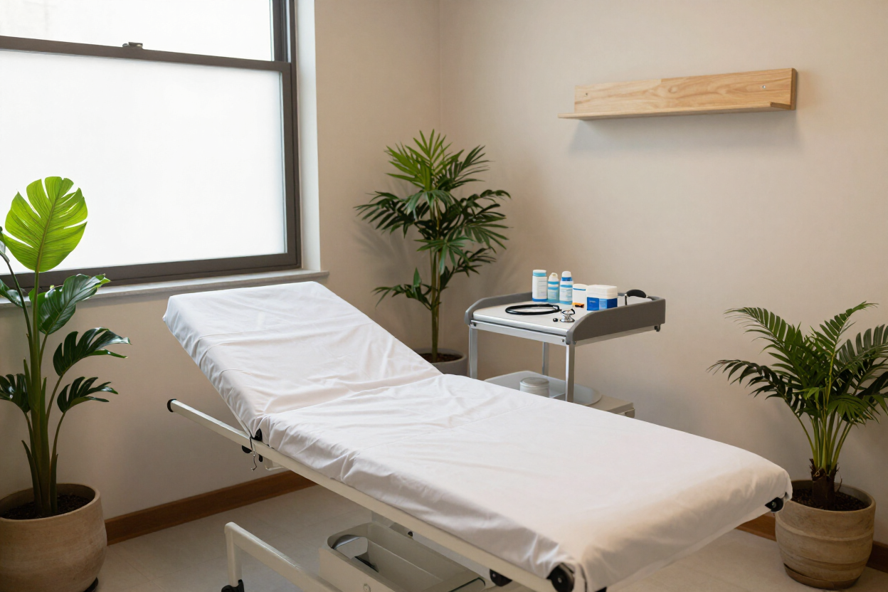 Sala de exploración médica con camilla blanca, plantas en macetas y una ventana
