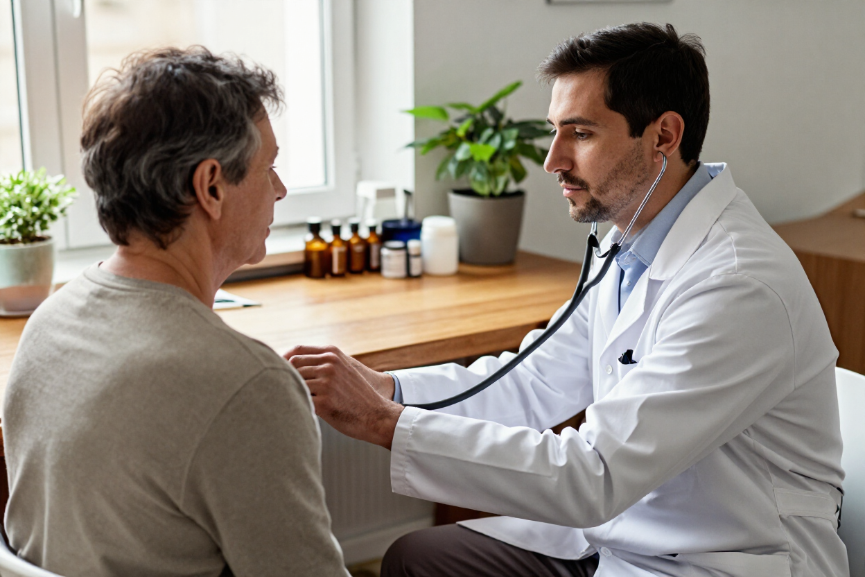 Un médico examina a un paciente con un estetoscopio en una consulta luminosa