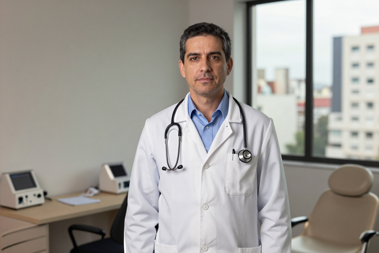 Un médico con bata blanca de pie en una consulta, con un estetoscopio alrededor del cuello.