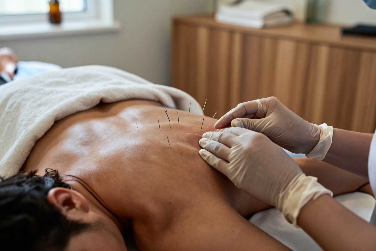 Terapeuta practicando acupuntura en la espalda desnuda de un cliente en una sala de tratamiento