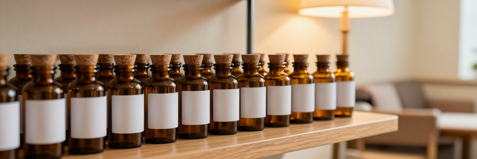 Fila de frascos ámbar de medicamentos sobre una mesa de madera en una habitación con luz tenue