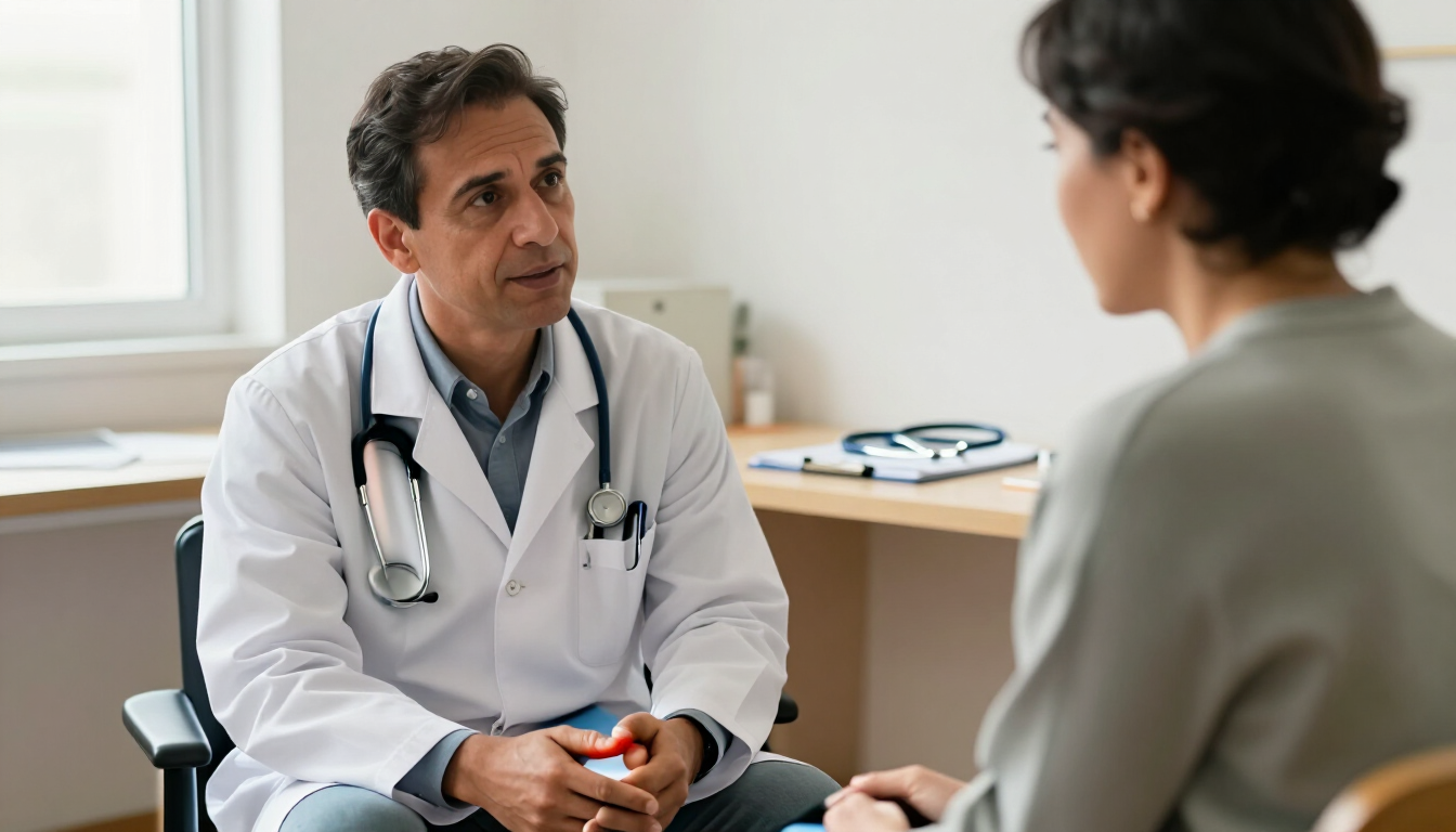 Un médico hablando con un paciente en una consulta luminosa, con bata blanca y estetoscopio.