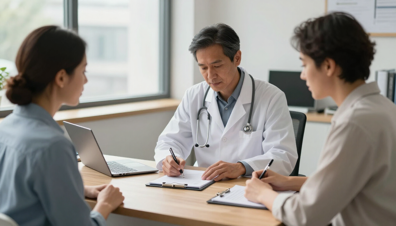 Un médico reunido con dos pacientes en un escritorio, en una consulta luminosa