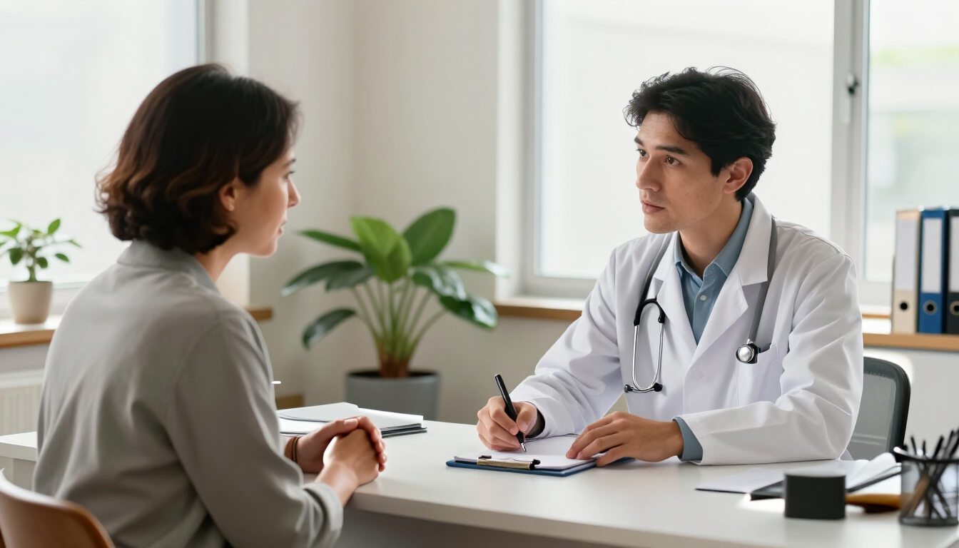 Un médico consulta con un paciente en una luminosa consulta, sentados uno frente al otro a un escritorio.