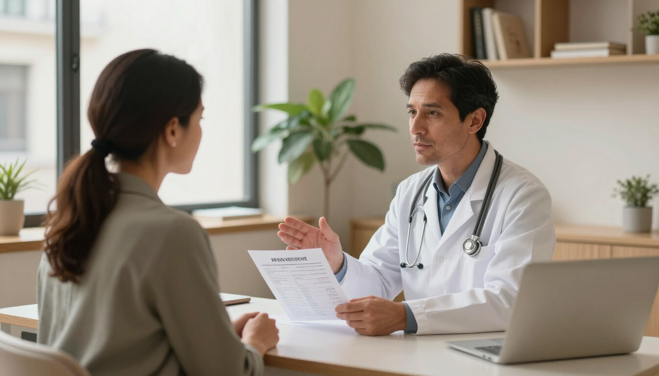 Un médico habla con un paciente en una mesa de una clínica luminosa, con un documento en la mano y un portátil cerca