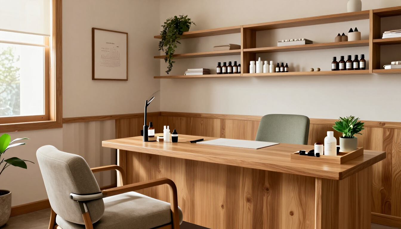 Sala de spa cálida y minimalista, con camilla de madera, silla, estantes con frascos y plantas en macetas.