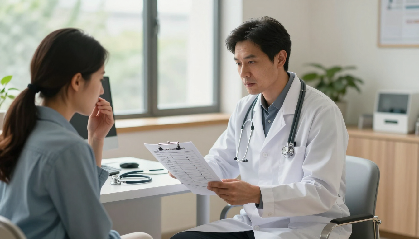 Un médico le muestra una carpeta a un paciente sentado en una consulta luminosa