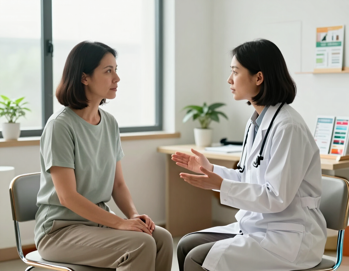 Un paciente y un profesional sanitario conversan en una consulta médica luminosa, sentados uno frente al otro
