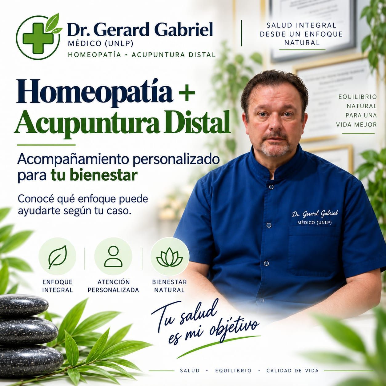 Anuncio médico en verde y blanco sobre homeopatía y acupuntura dental, con un médico sentado y hojas de aloe.