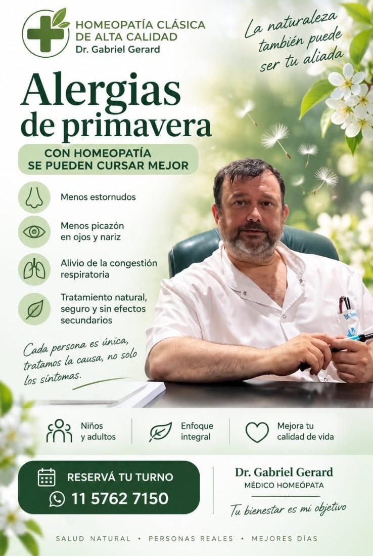 Publicidad médica en español sobre las alergias primaverales, con un médico de bata blanca y flores verdes.
