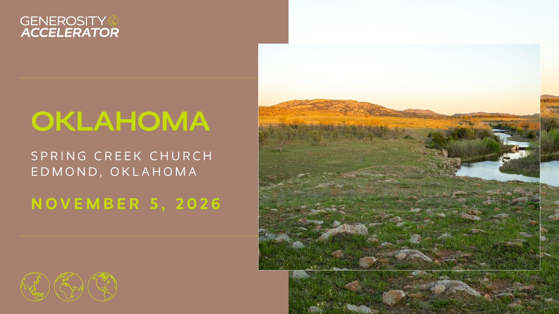 Oklahoma Spring Creek Church event flyer with sunset field photo and date, November 5, 2026