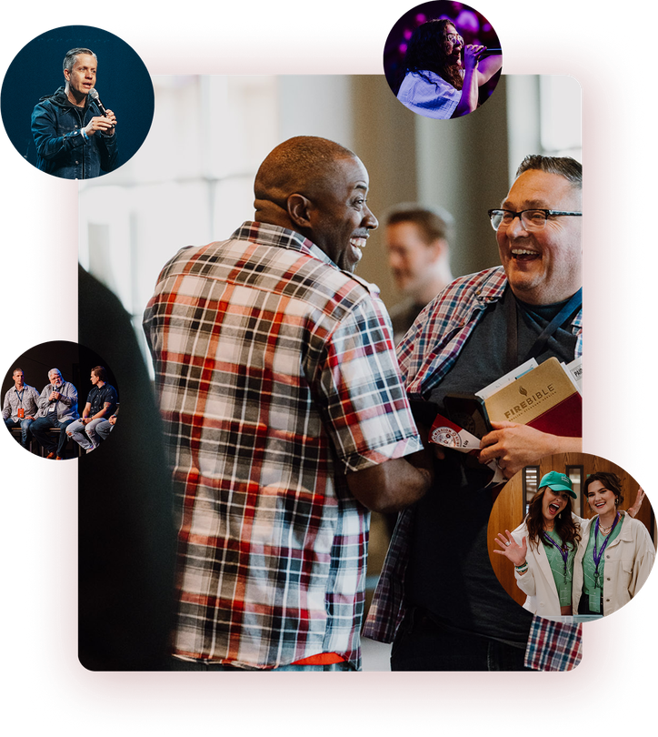 Two people laughing and shaking hands at a networking event, with small circular event photos around them.