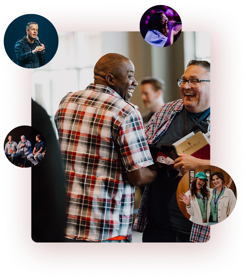 People greeting and talking at a lively event, with small circular photos around the main scene.