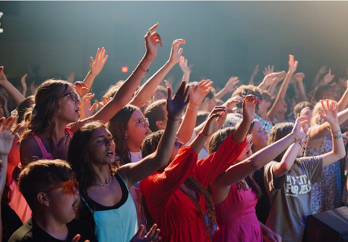 Crowd at a concert with raised hands, cheering under colorful stage lights