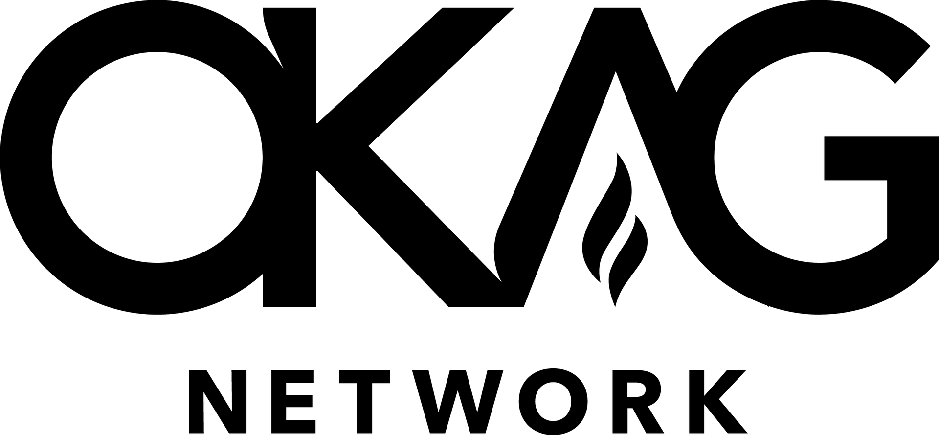 OKAG Network logo in black with stylized flame icon