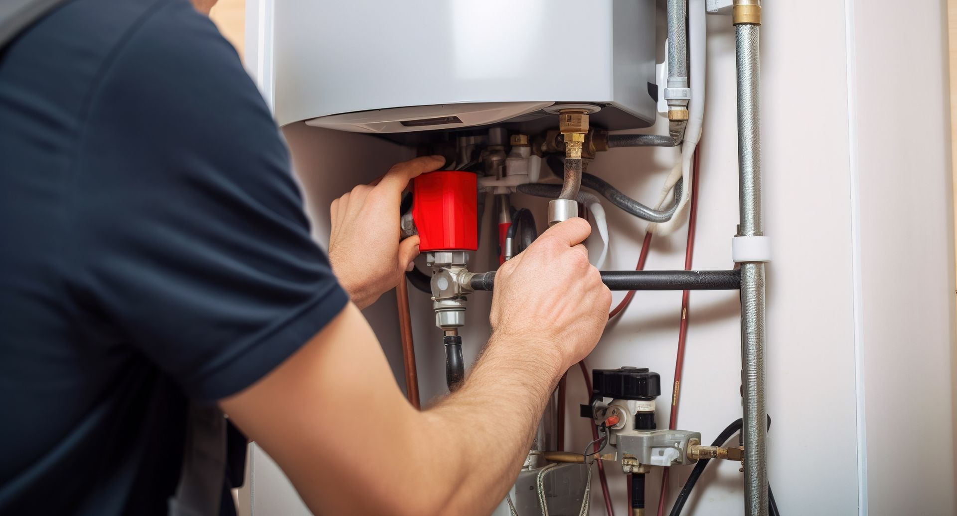 Person tightening pipes on a wall-mounted water heater with a red tool in a utility room