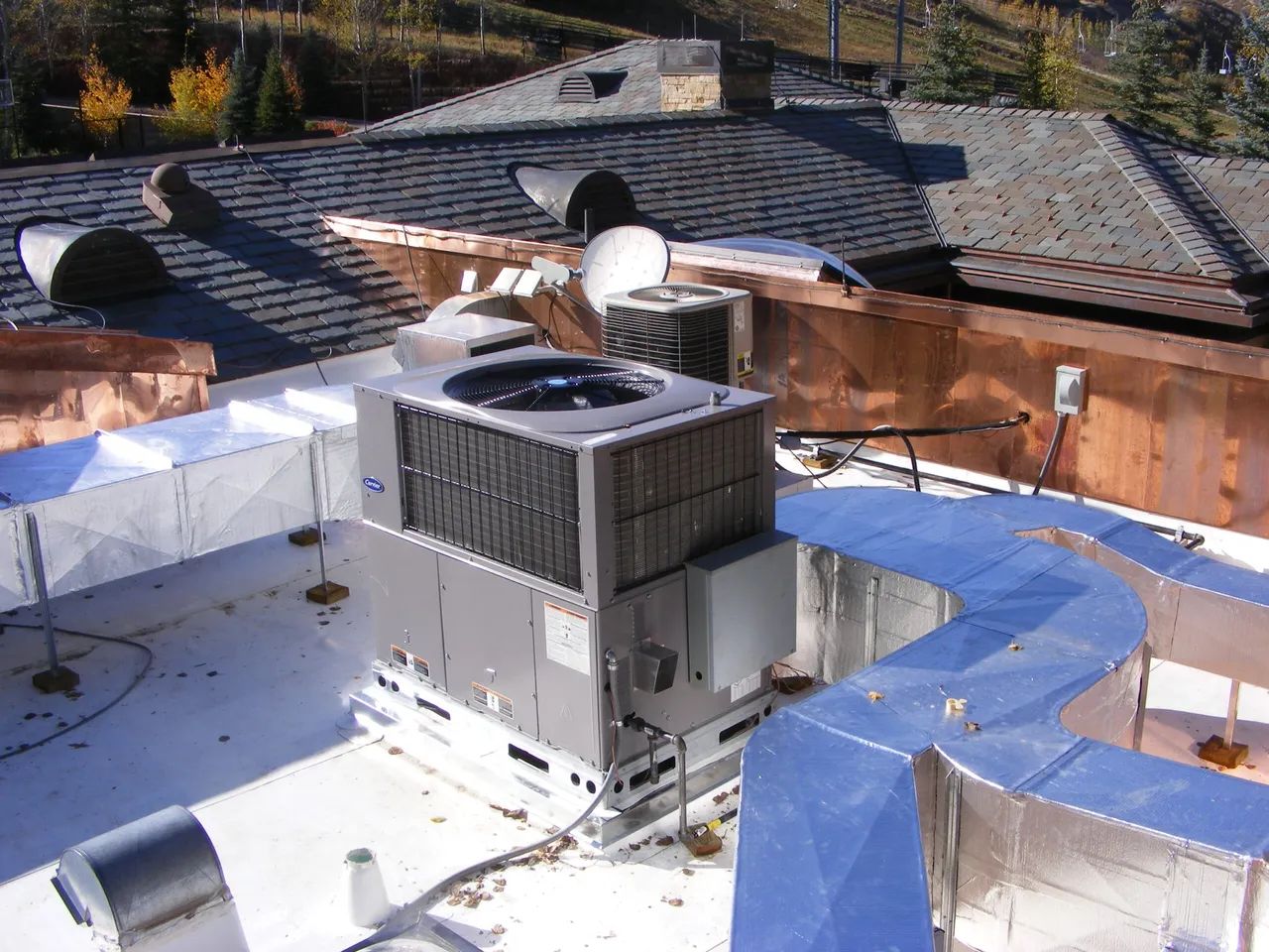 Rooftop HVAC unit on a flat roof with white and blue surfaces, surrounded by stone walls and trees.