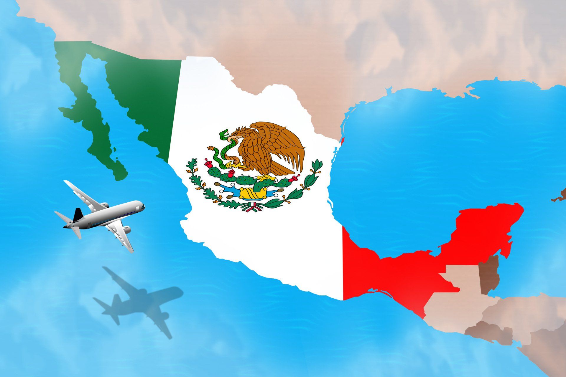 A plane is flying over a map of mexico