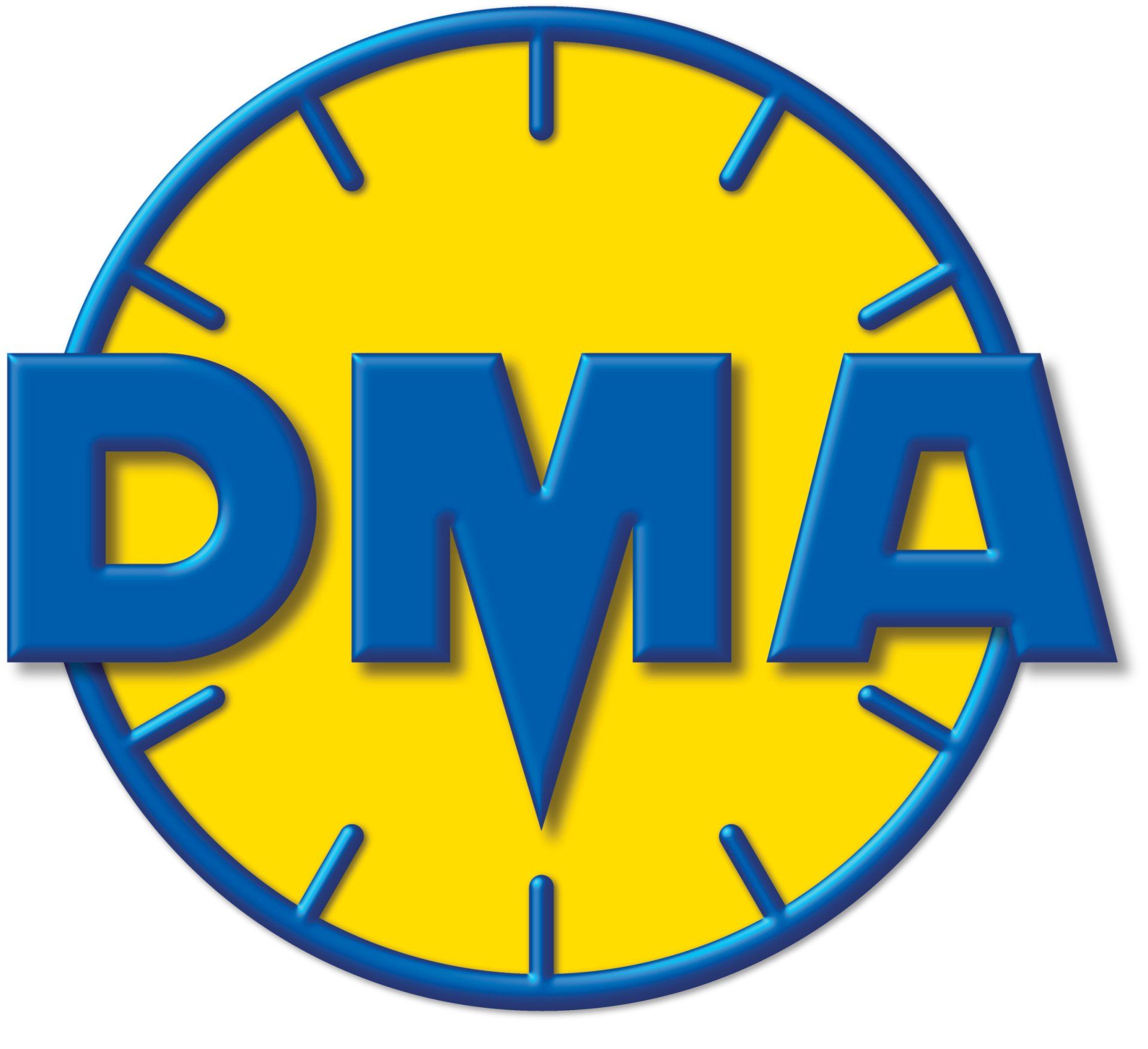A blue and yellow logo that says dma on it