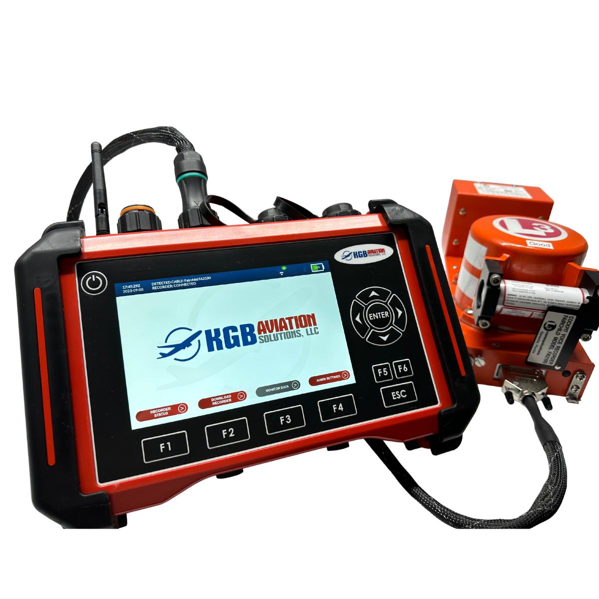 A red and black device with a screen that says ngb on it.