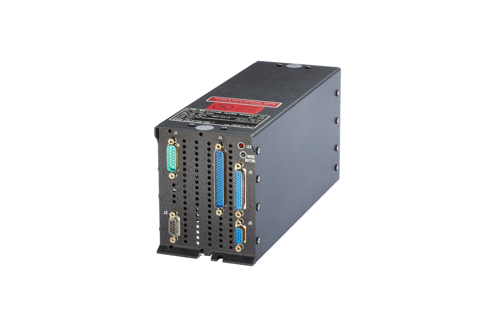 A black box with a lot of ports on it on a white background.