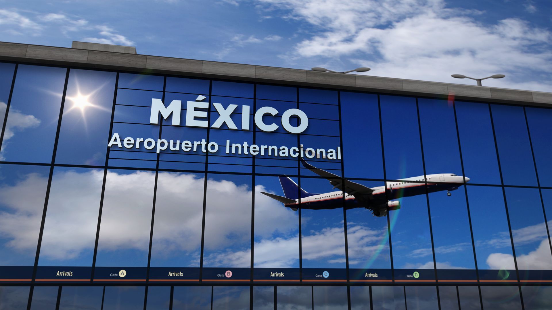 A plane is reflected in the windows of mexico aeropuerto internacional