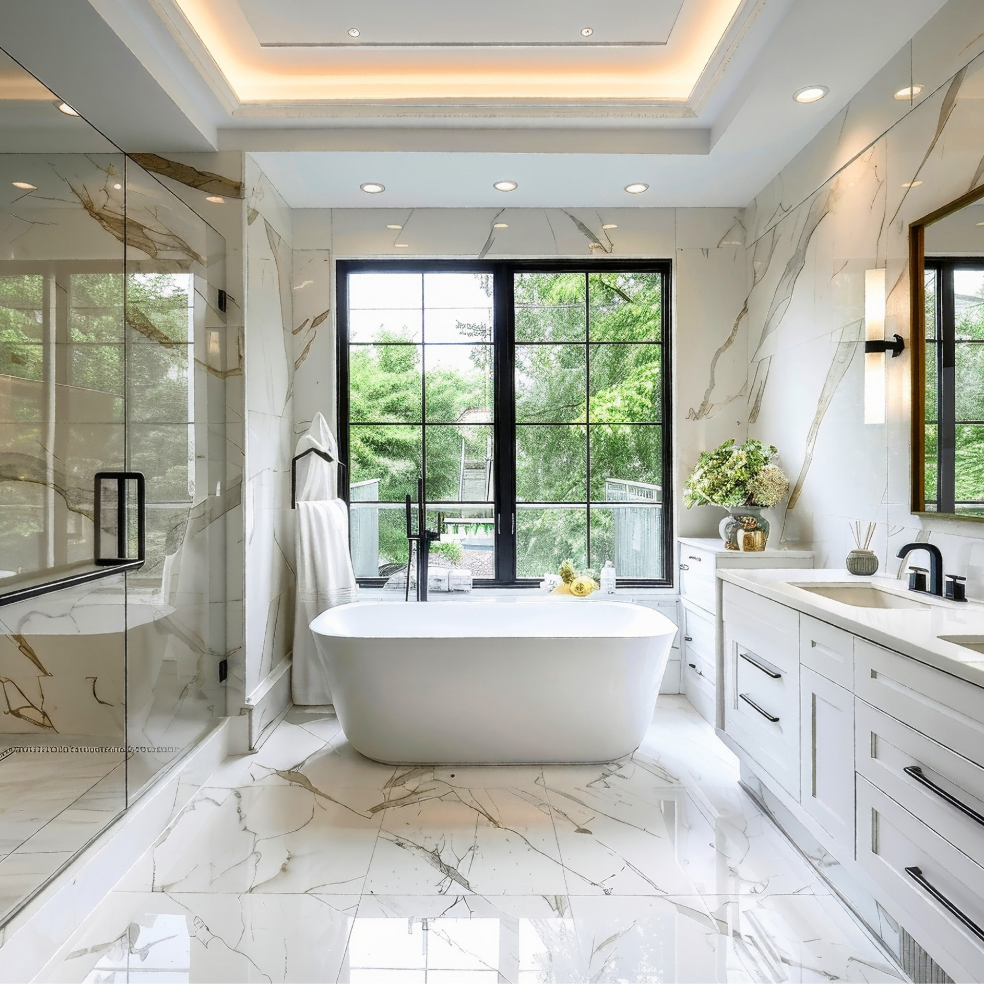 A bathroom with a tub , sink , mirror and window.