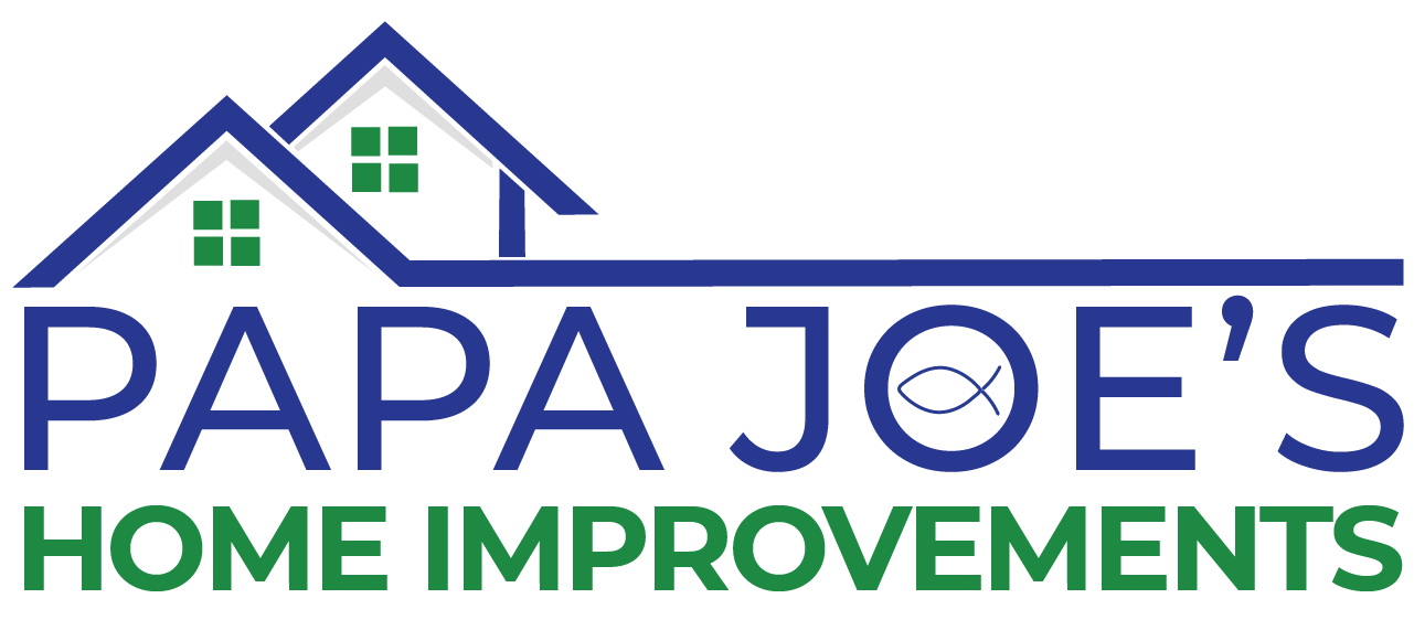Logo: Blue houses over "PAPA JOE'S" with a fish symbol and green "HOME IMPROVEMENTS".