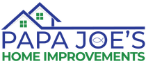 Logo: Blue houses over "PAPA JOE'S" with a fish symbol and green "HOME IMPROVEMENTS".