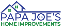 Logo: Blue houses over "PAPA JOE'S" with a fish symbol and green "HOME IMPROVEMENTS".