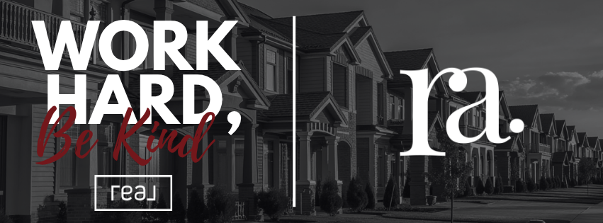 Black and white photo of a residential suburban street with 
large homes. Bold white text reads Work Hard, Be Kind 