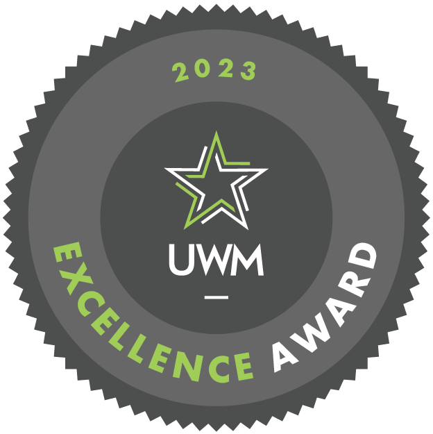 2023 UWM Excellence Award badge with dark gray seal and green-white star logo