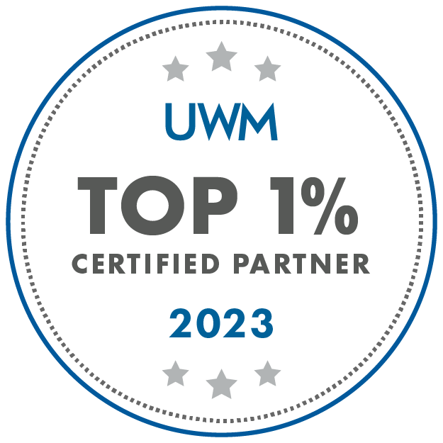 UWM Top 1% Certified Partner badge, 2023, with blue and gray text and stars