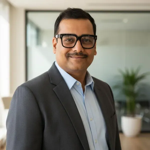 Man in glasses and gray blazer standing in a bright office hallway, smiling at the camera