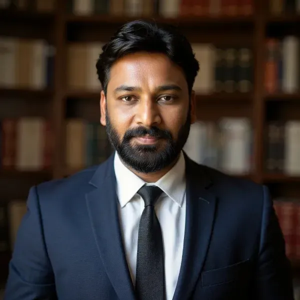 Man in navy suit and tie, standing before blurred bookshelves in a warm-toned library setting