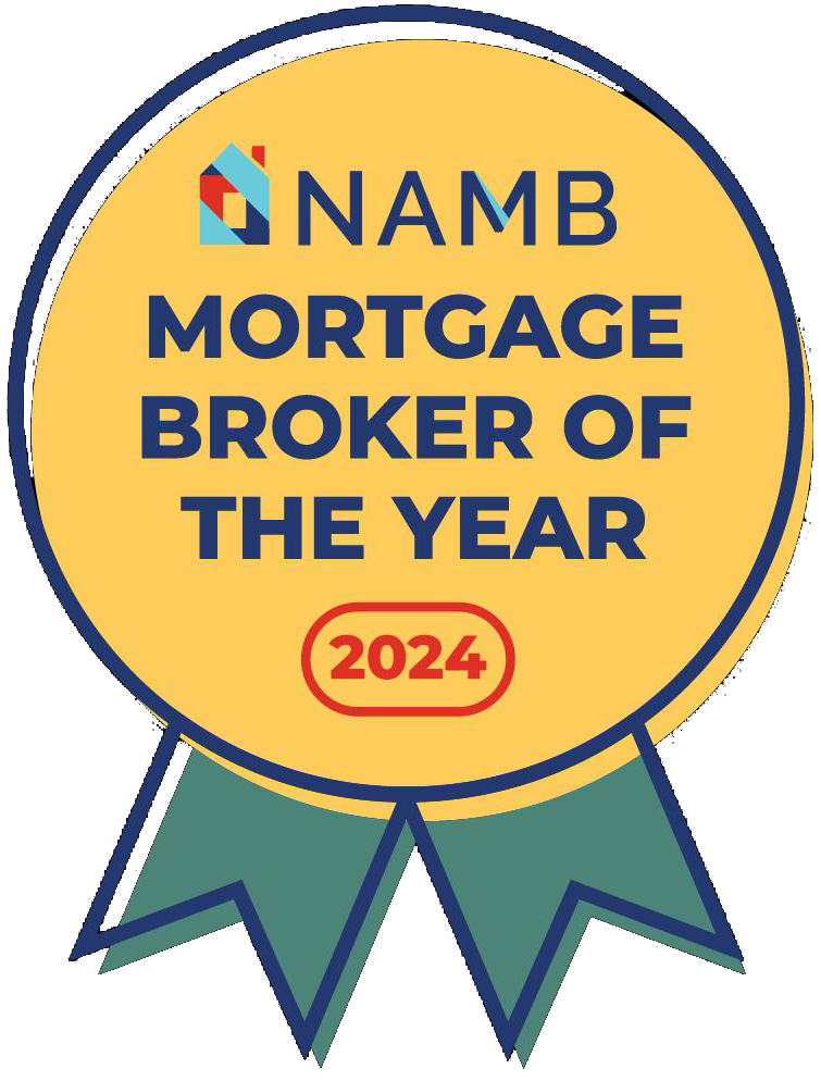 NAMB Mortgage Broker of the Year 2024 award ribbon, gold with blue and teal accents