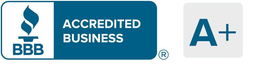 BBB Accredited Business badge with A+ rating in blue and gray