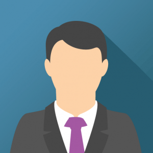 Illustration of a faceless person in a dark suit and purple tie on a blue background