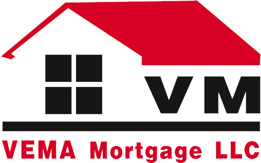 VEMA Mortgage LLC logo with red roof, black window icon, and bold red text