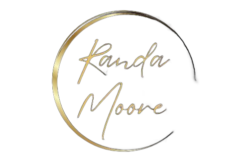 Gold script logo reading “Randa Moore” inside a circular gold outline on a white background