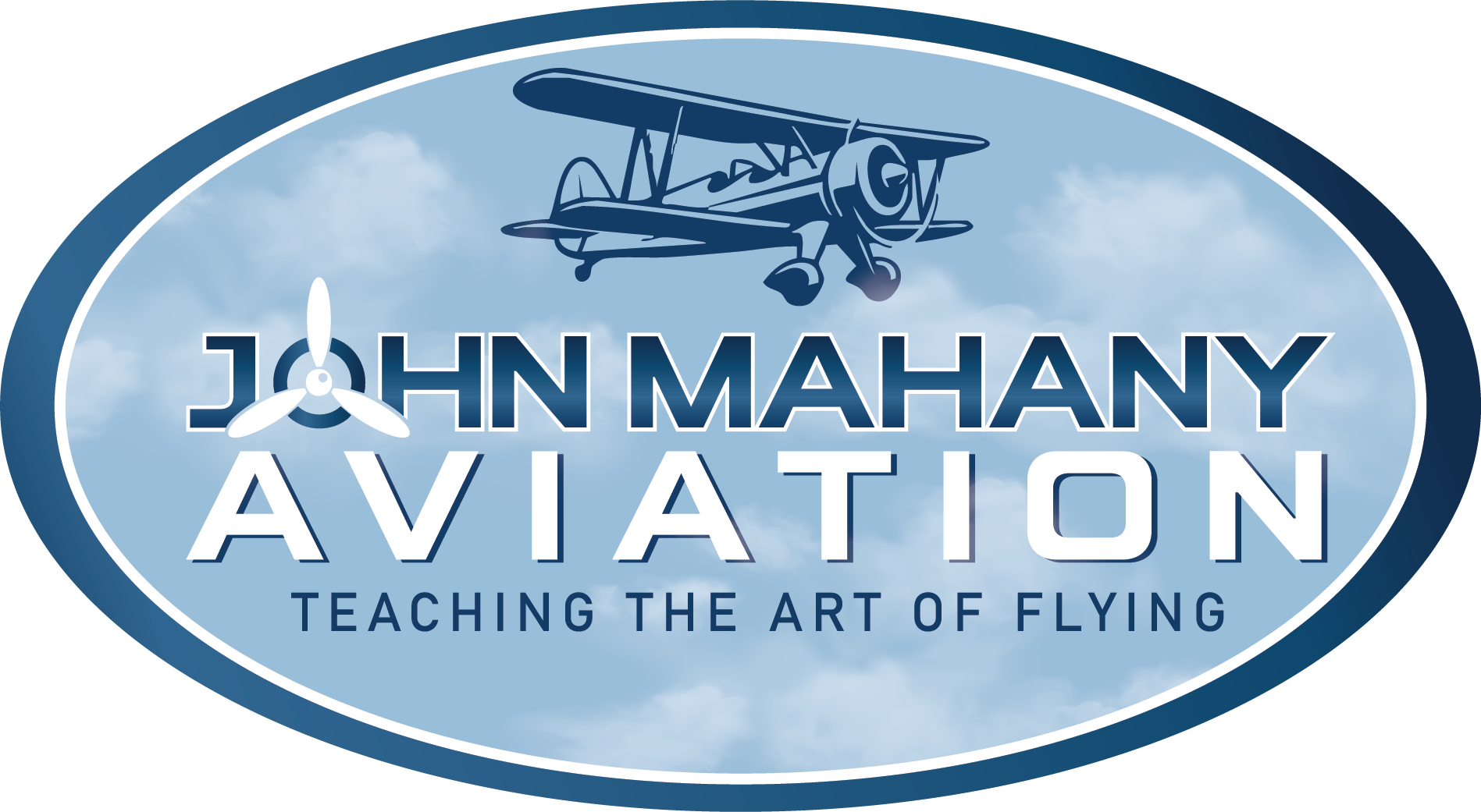 John Mahany Aviation logo in blue and white with a small airplane and tagline “Teaching the Art of Flying”